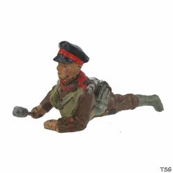 Lineol Soldat liegend, mit Handgranate und Gewehr