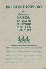 Preisliste 1939/40 für die echten LINEOL-Soldaten, Fahrzeuge, Figuren und Tiere